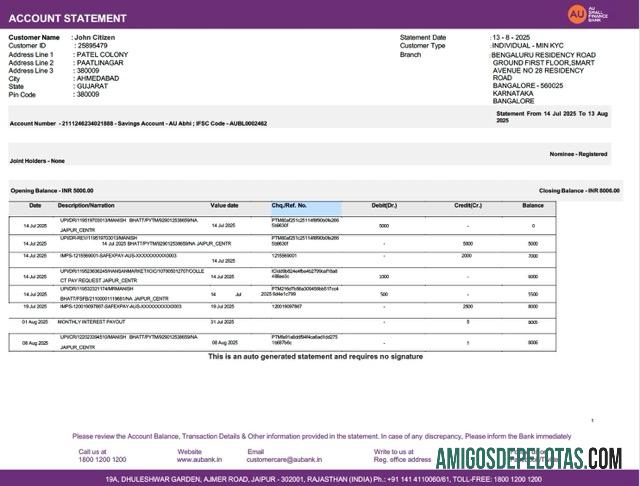 Modelo realista de extrato de conta bancária da Índia AU Small Finance em Word e PDF, versão 2